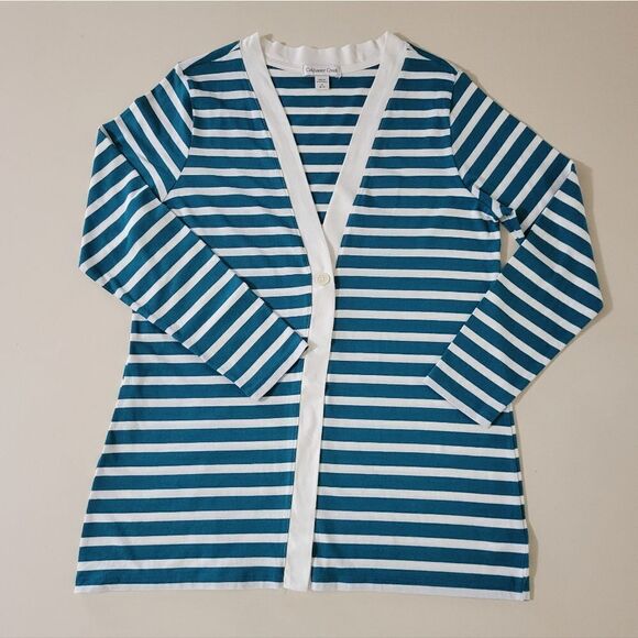 Coldwater Creek Women's Teal Primaknit Stripe V-neck Cardigan Jacket - Picture 1 of 15